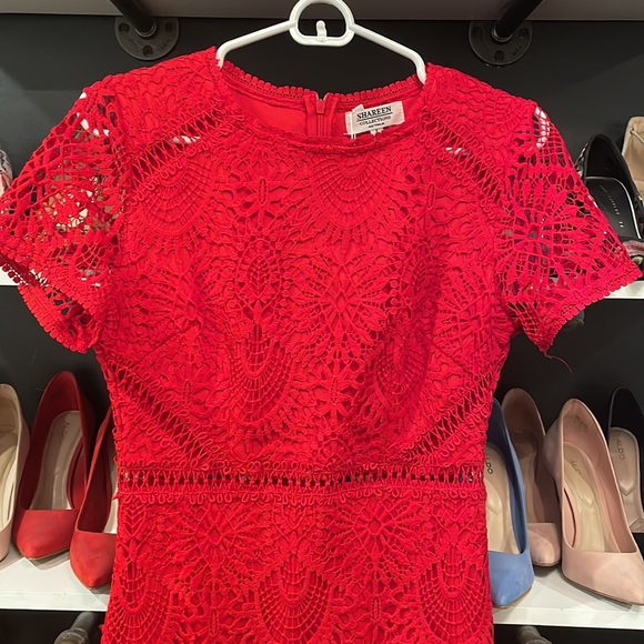 Beautiful red lace dress with sheer lace at the waist and lace ruffle hem. - Picture 2 of 2